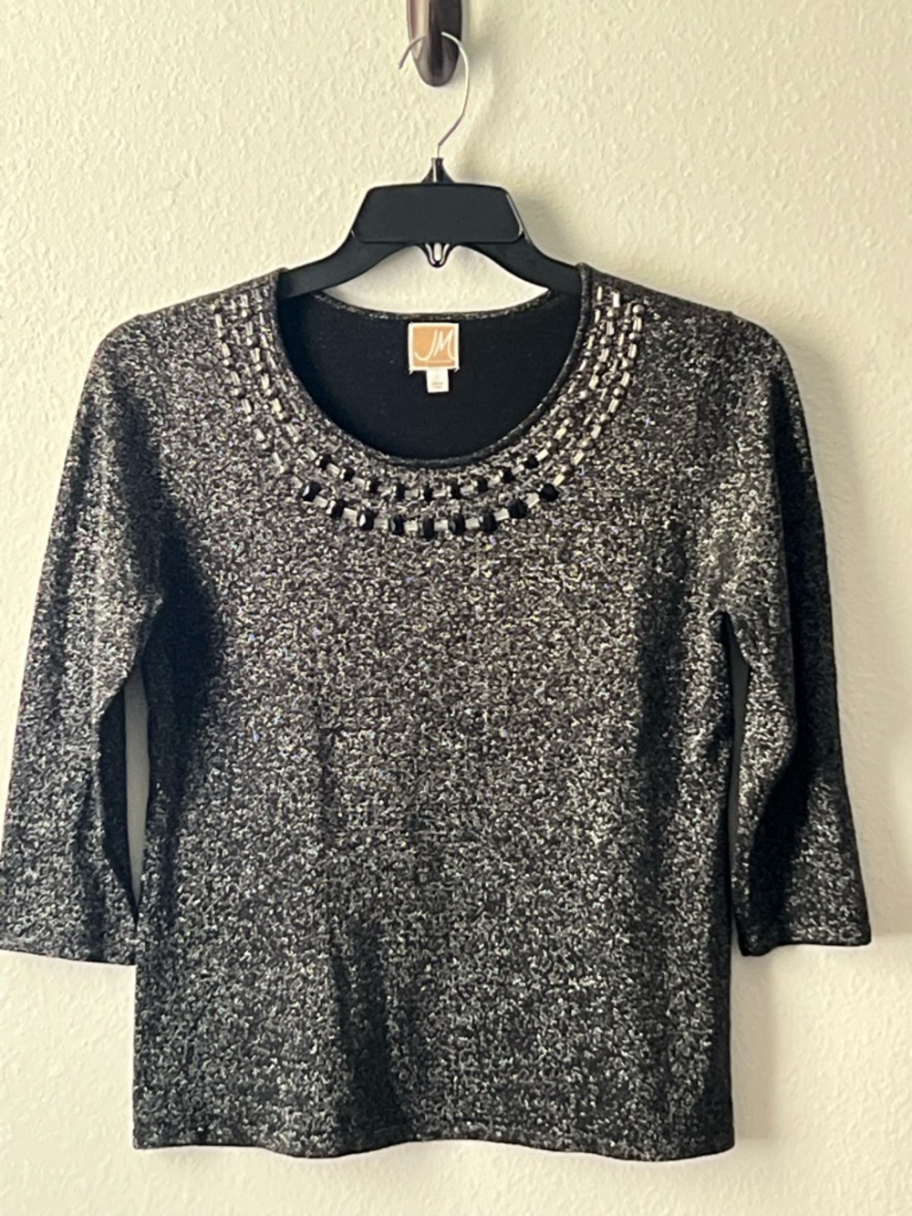 JM Collection‎ Black and Silver Sparkle Jewel-Neck Top, Size S